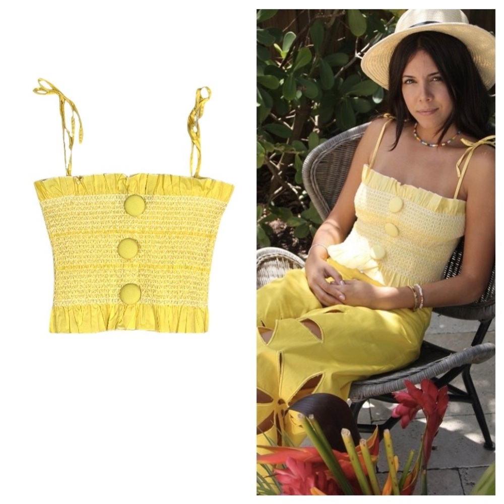 House of Sunny Smocked Stretch Crop Tie Straps Ruffle Blouse Top Marigold Size 8